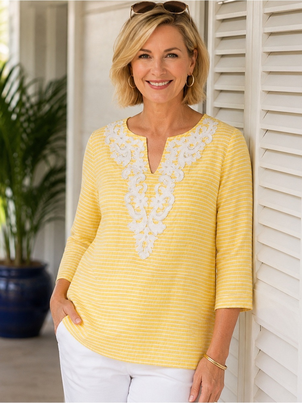 Talbots Yellow Striped Linen Tunic Top Embroidered Lace Beaded Detail Sz MP
